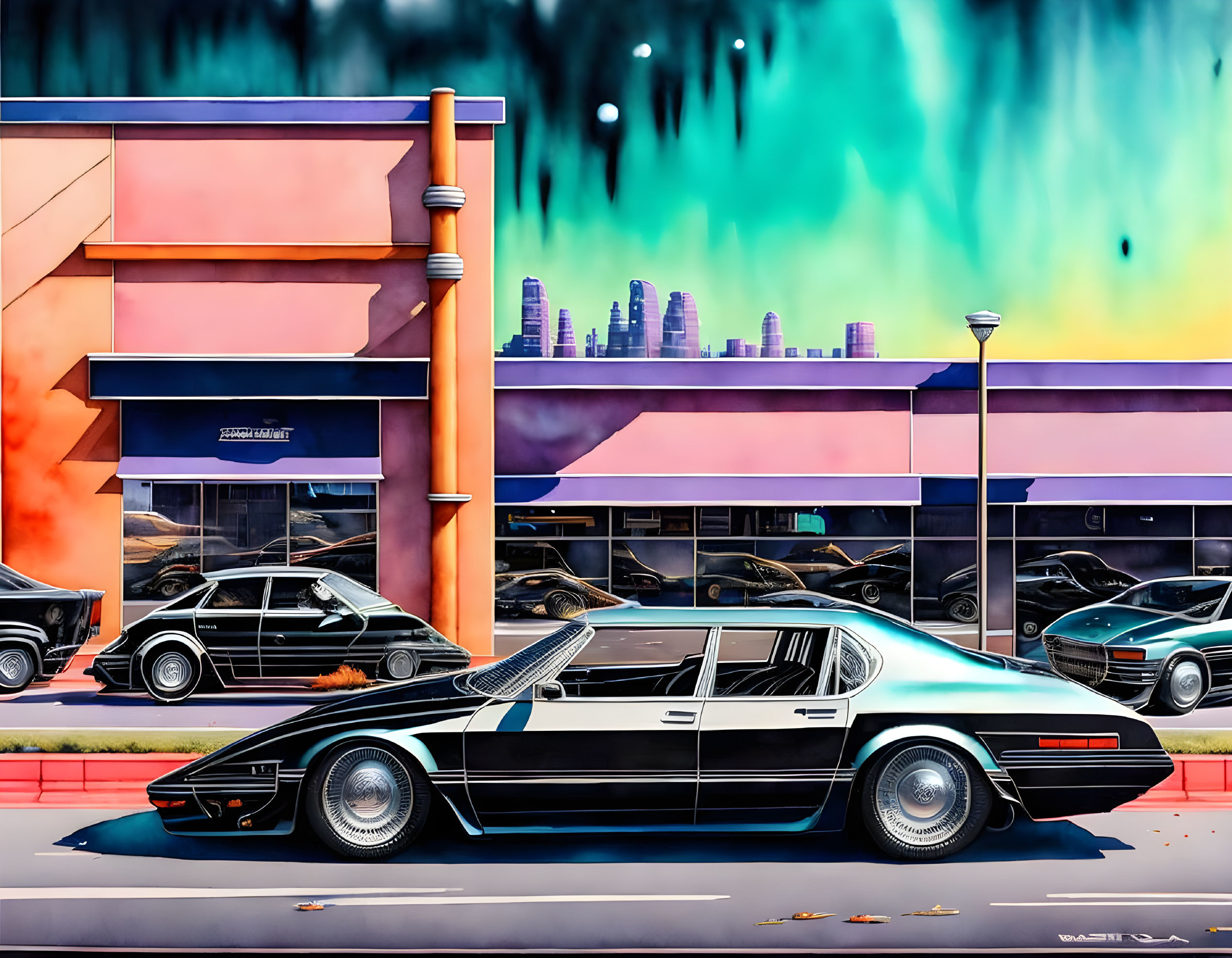 Colorful street art mural featuring classic sports car and dealership facade