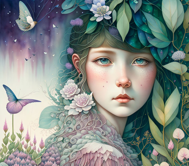 Young girl digital artwork with nature elements: green leaves, pink flowers, butterflies, twilight sky.