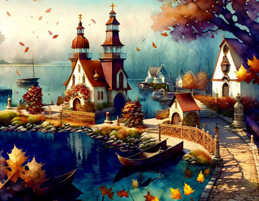 Scenic lakeside view with church, houses, boat, bridge in autumn.