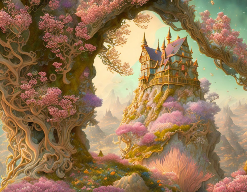 Enchanting castle, airship, and blossoming trees in golden fantasy landscape