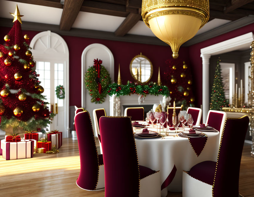 Festive Christmas dining room with tree, presents, red table setting, and chandelier