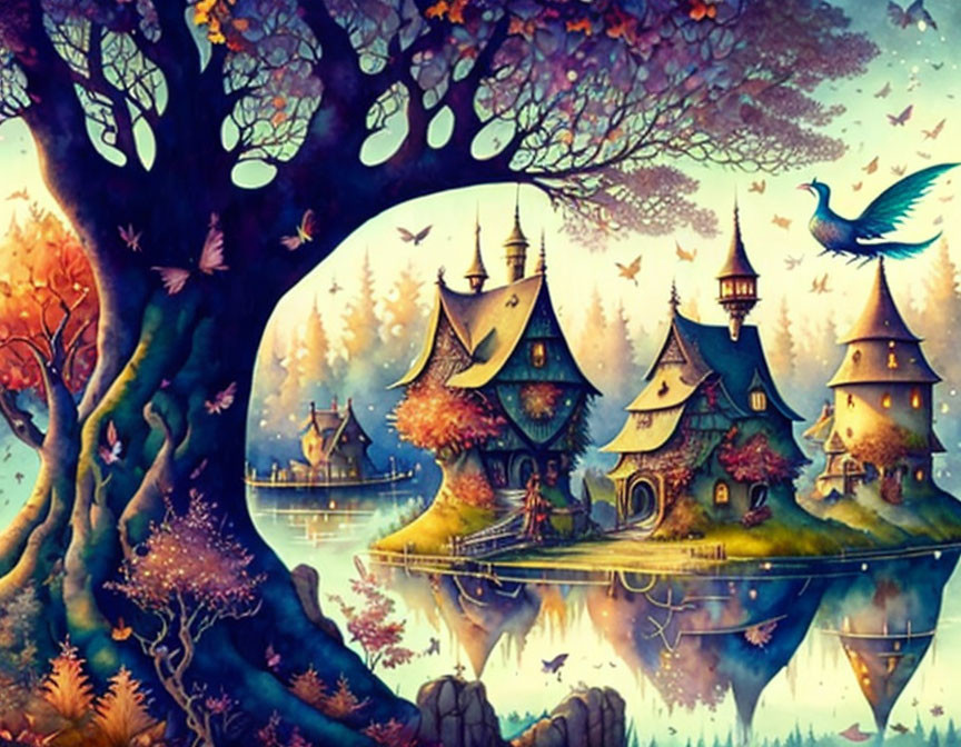 Colorful treehouses by serene lake with flying bluebird