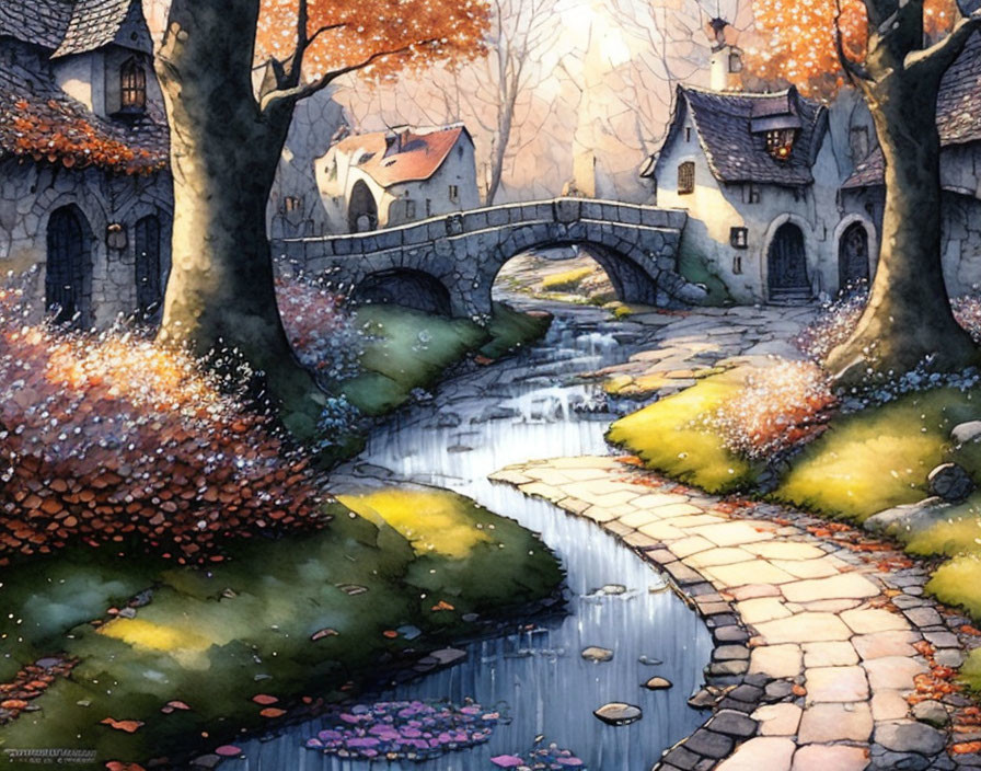 Tranquil Watercolor of Autumn Village and Stone Cottages