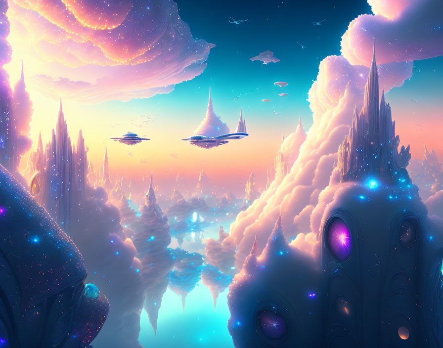 Fantastical sky city with floating structures and futuristic airships.