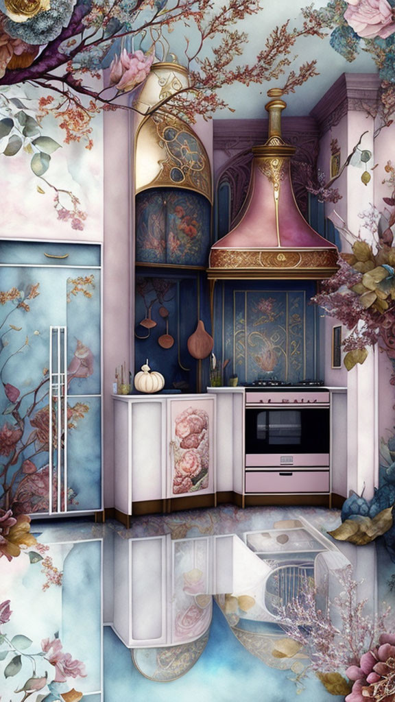 Pastel blue and pink whimsical kitchen with golden fixtures and floral accents