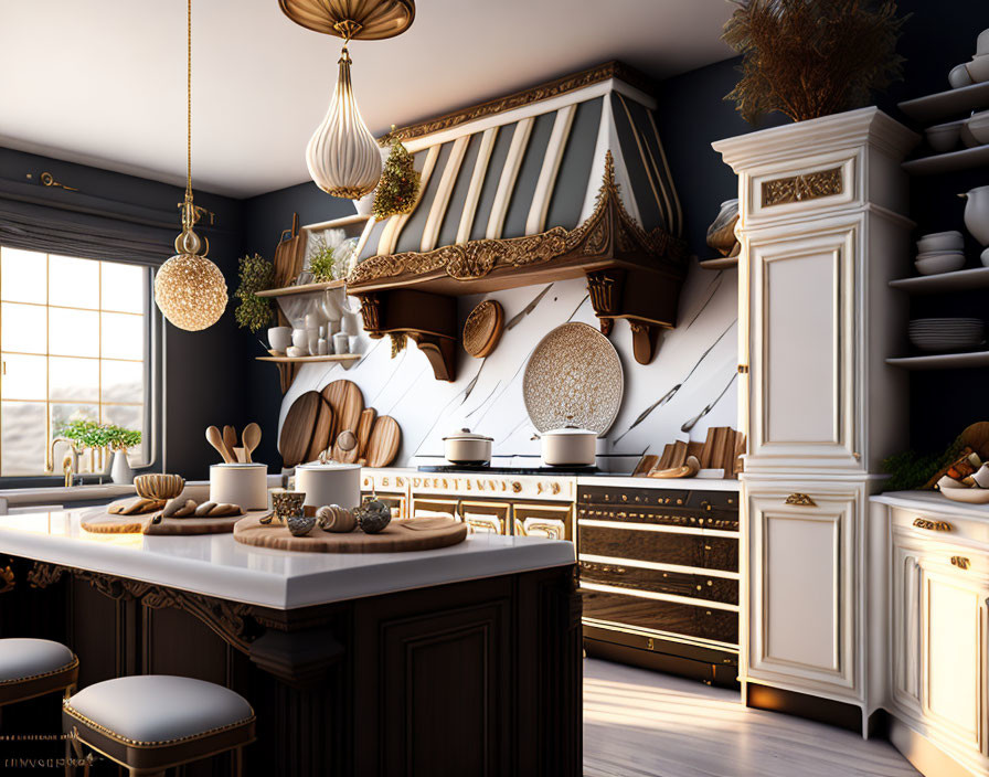 Luxurious kitchen with dark wood cabinets, gold accents, island, decorative spheres, and open shelves.