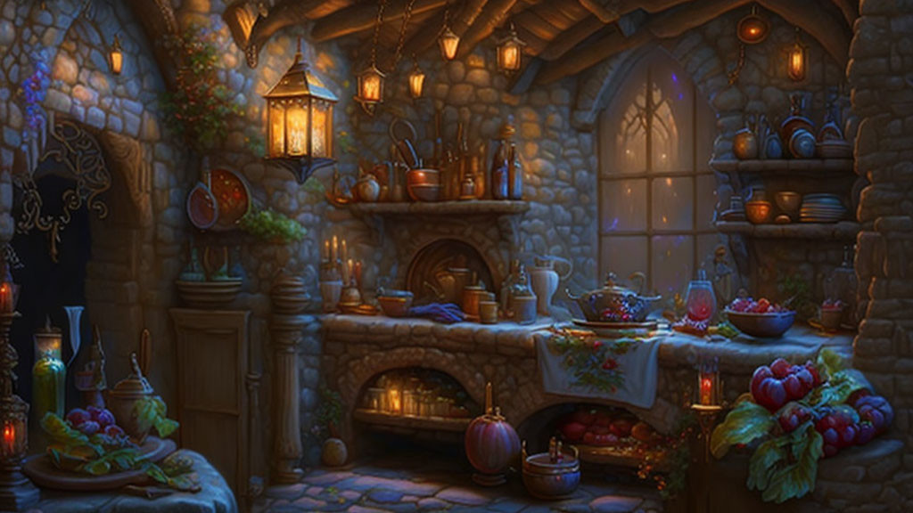 Medieval kitchen scene at night with warm lighting and fireplace