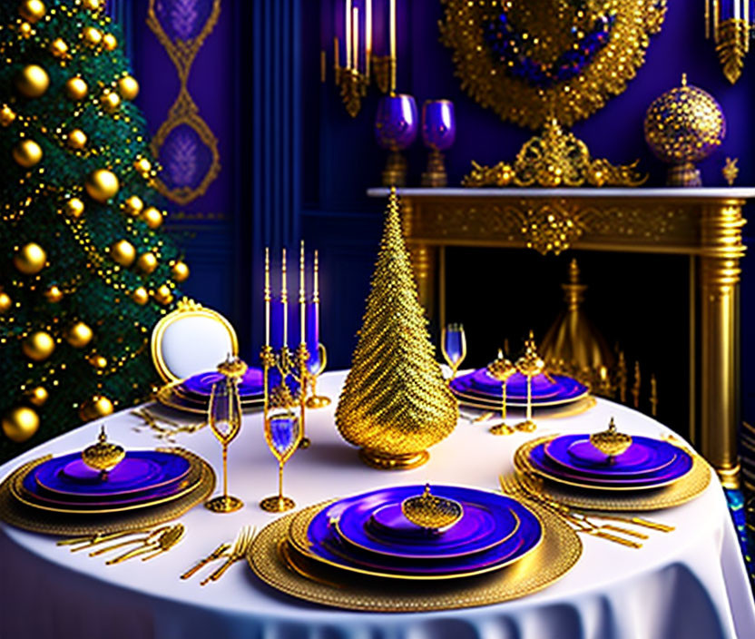 Elegant gold and blue Christmas dinner table with festive decorations