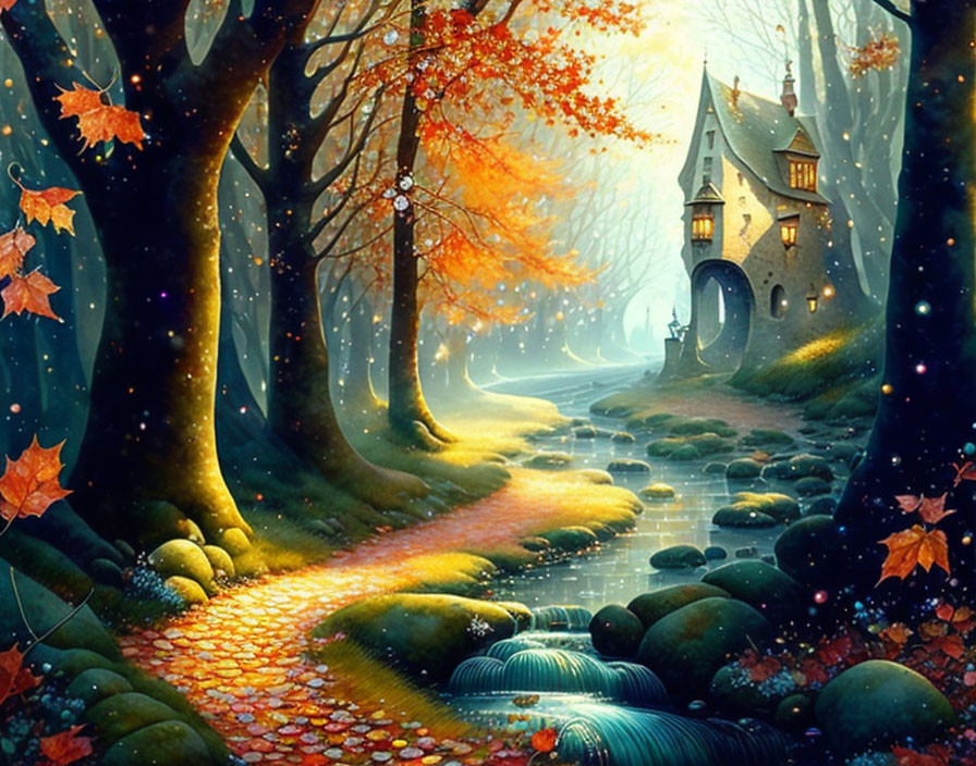 Golden Autumn Forest with Cobblestone Path to Stone Cottage