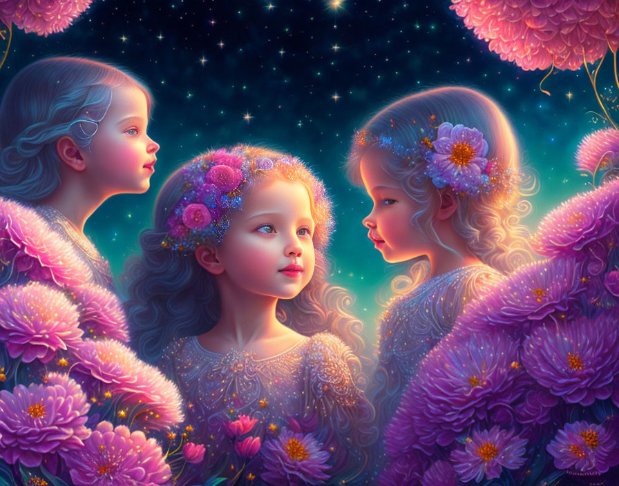 Ethereal girls in pink flowers under starry sky