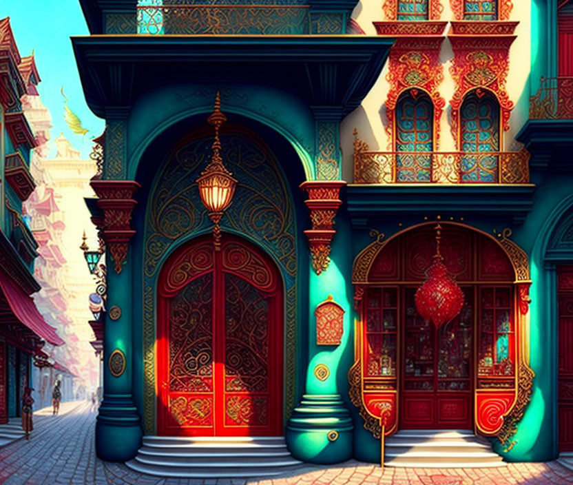 Colorful illustration of whimsical street with ornate buildings and hanging lanterns