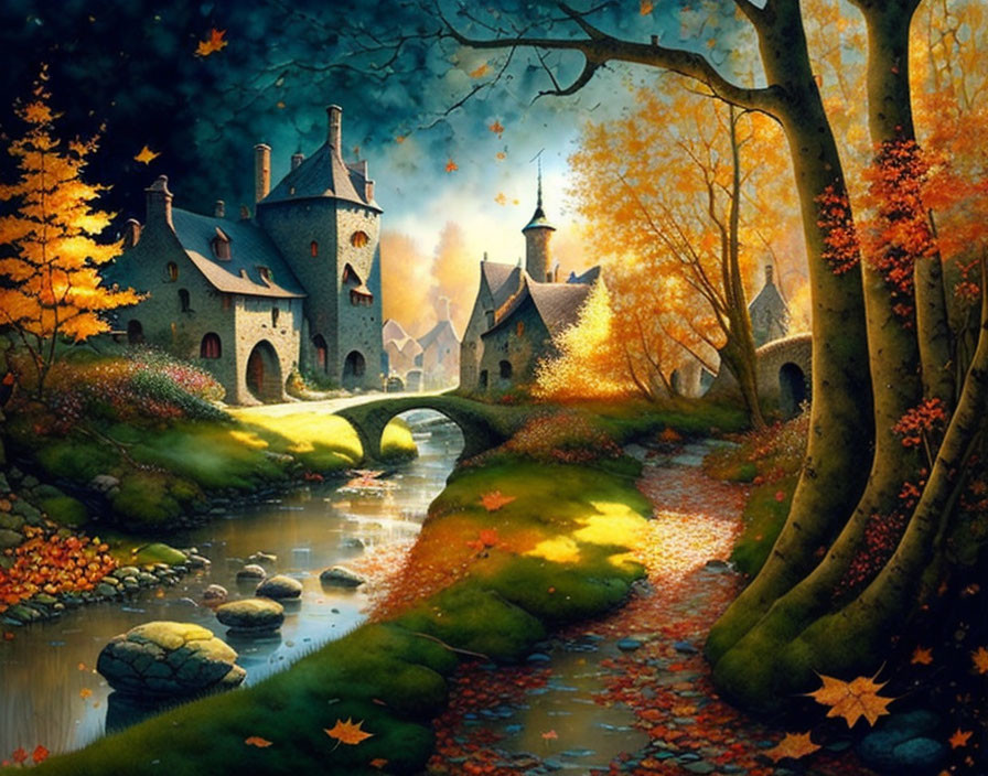 Autumnal landscape with fairytale castle, stone bridge, and vibrant fall foliage.