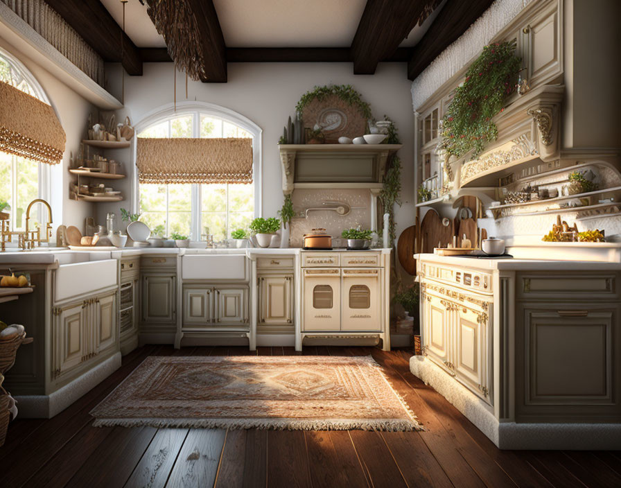 Rustic kitchen with white cabinetry, wooden beams, hardwood floors