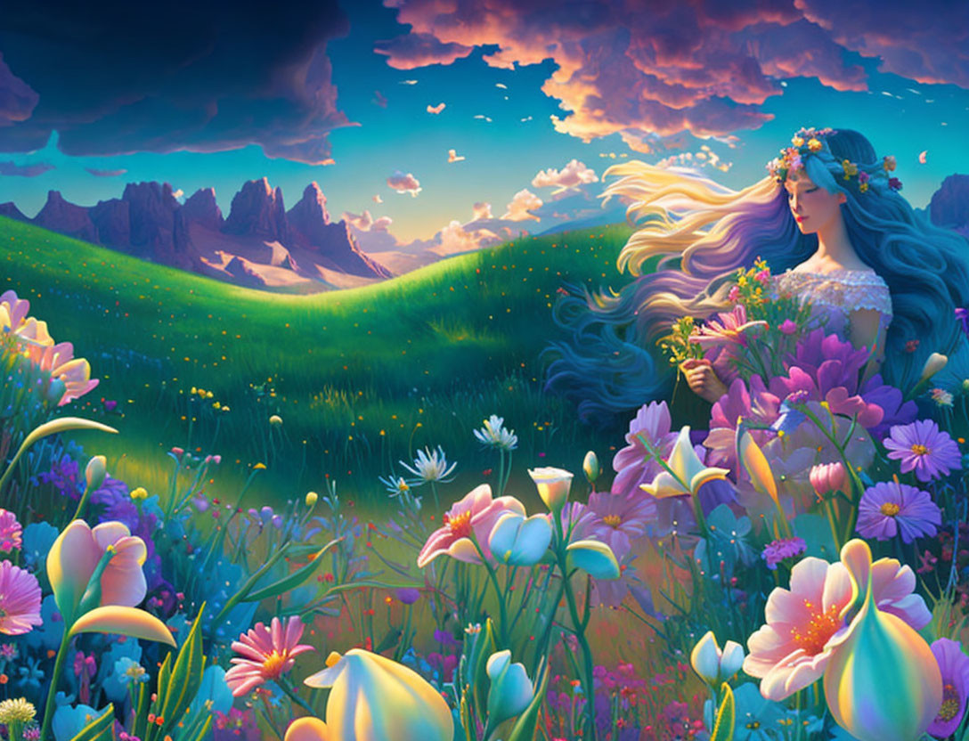 Woman in flower crown painting: Serene meadow scene with vibrant flowers & dramatic sky.