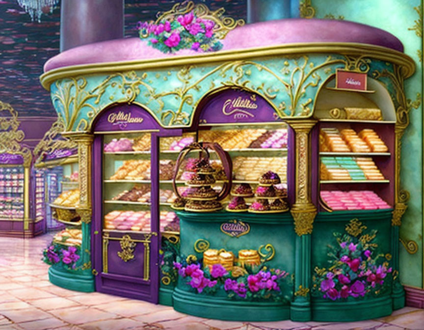 Vintage Bakery Stall with Gold and Purple Decor Displaying Bread and Confections