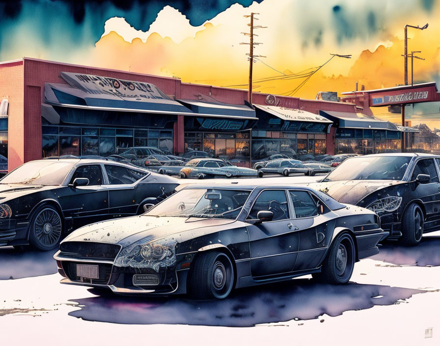 Luxury cars at a surreal car dealership with colorful sky and melting foreground