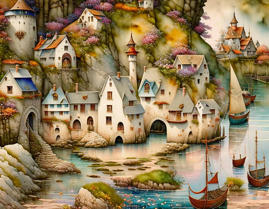 Charming illustration of a storybook village with castles, houses, and blossoming trees by a