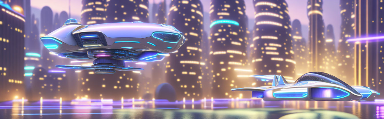 Futuristic flying cars over neon-lit cityscape at twilight