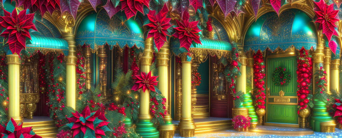 Festive holiday corridor with poinsettias, golden columns, blue arches