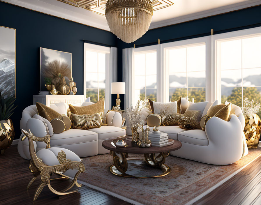 Elegant White Sofas & Golden Accents in Luxurious Living Room