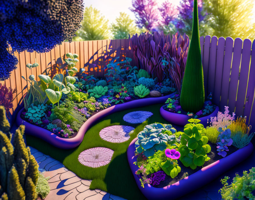 Colorful Garden with Purple Pathways & Dandelion Sculptures