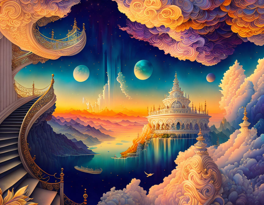 Fantastical landscape with floating palaces and vibrant clouds