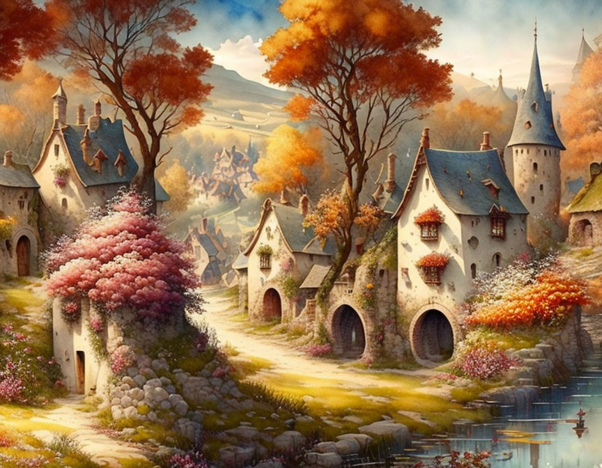 Tranquil fantasy village with colorful houses and autumnal backdrop