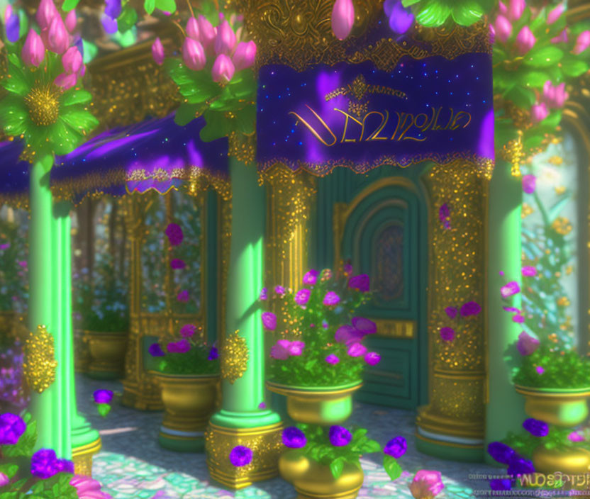 Fantasy garden corridor with golden pillars, purple flowers, green doors, and ornate blue banners.