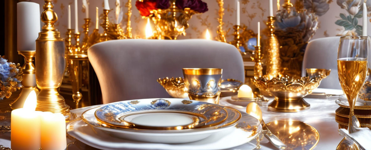 Luxurious dining table setup with candles, golden utensils, floral arrangements, fine china on tablecloth