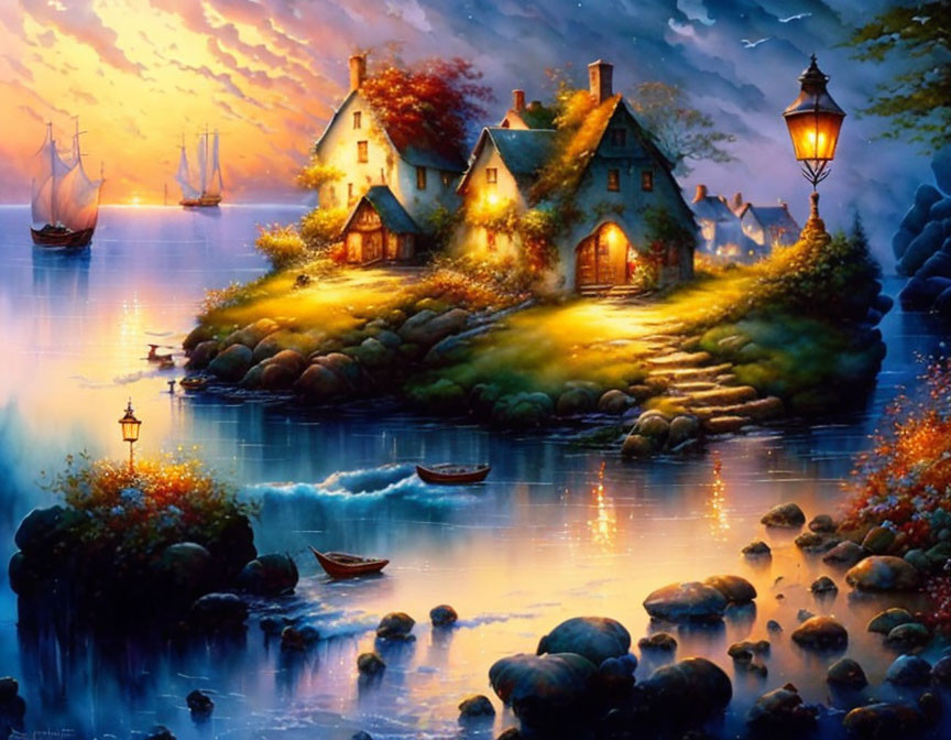 Tranquil coastal village painting at dusk with glowing cottages and sunset