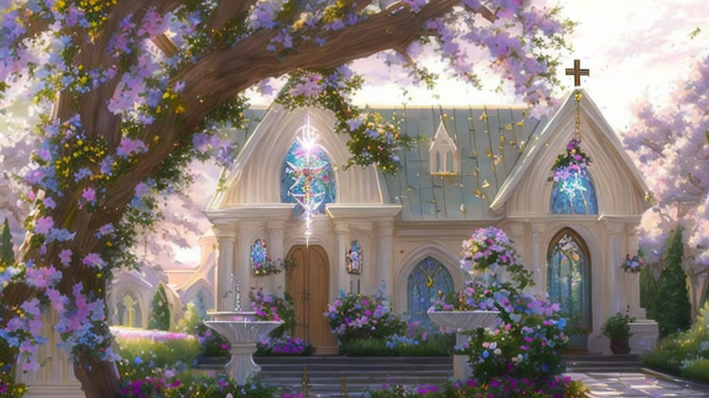 Chapel with Stained Glass Windows in Cherry Blossom Garden