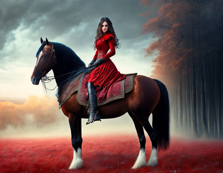 Woman in red dress rides brown horse in mystical forest.