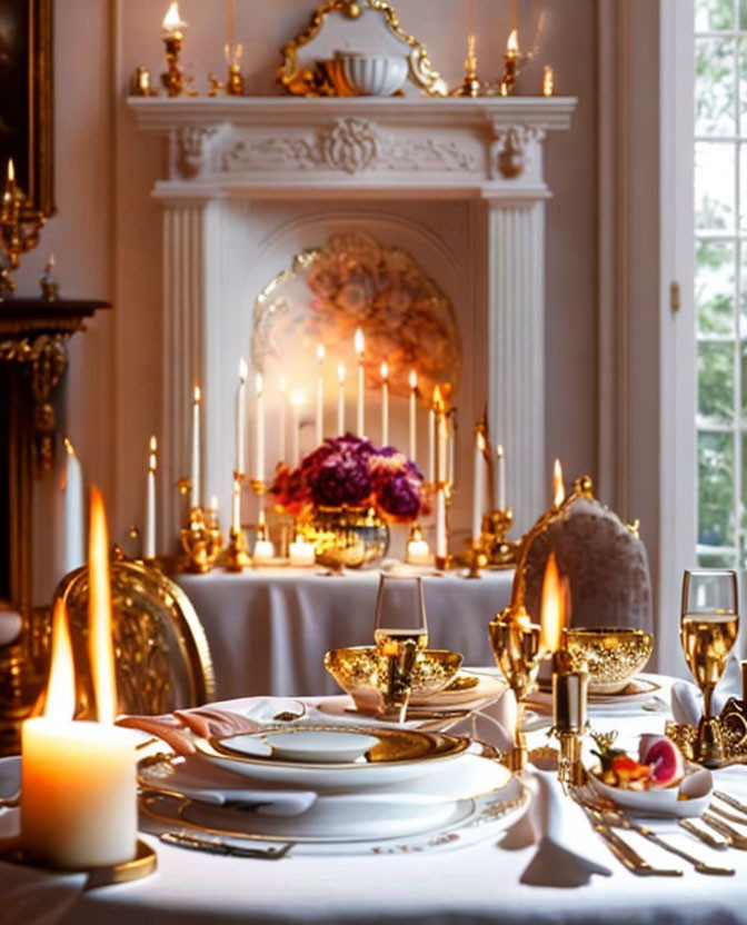 Luxurious dining room with fireplace, candles, gold-rimmed tableware, and floral centerpiece