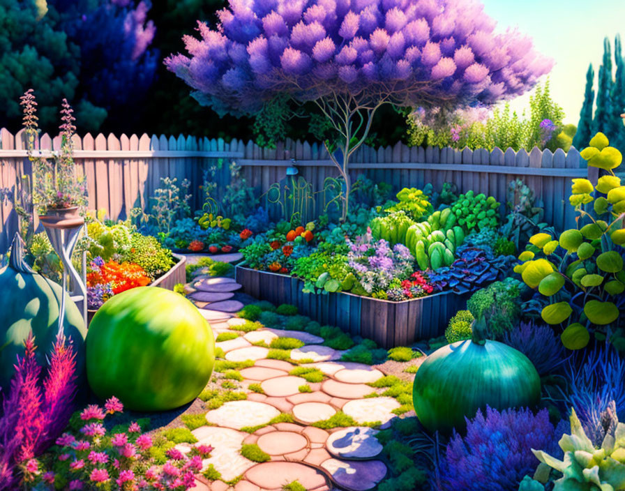 Colorful Garden with Stone Path, Watermelons, and Purple Tree