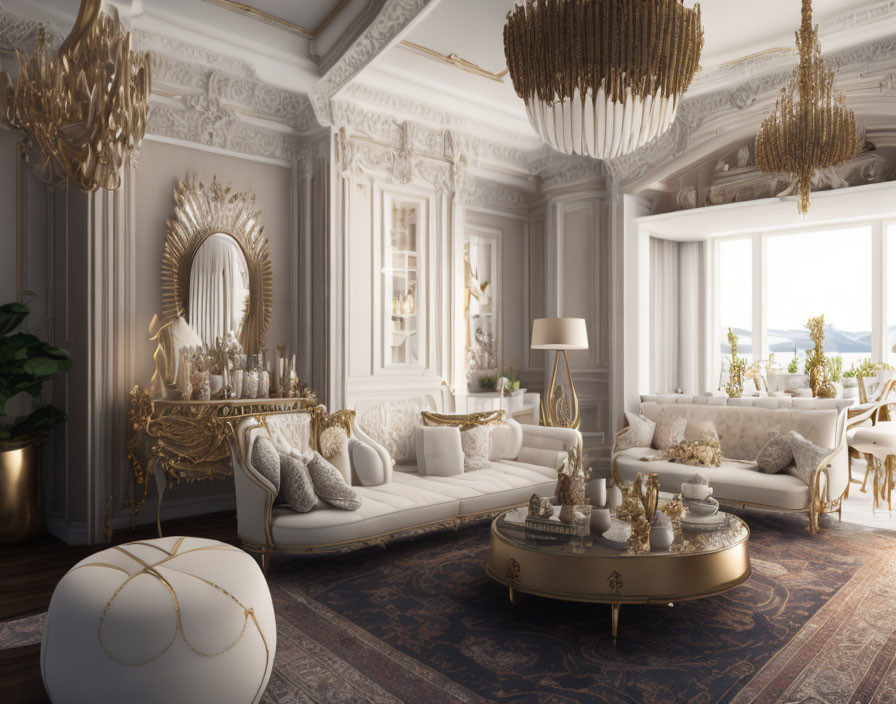 Luxurious Living Room with White Molding, Gold Chandeliers, Ornate Furniture, and Se