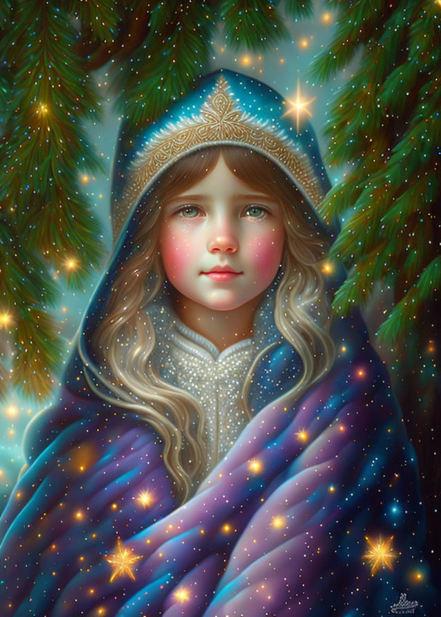 Young girl in cosmic blue cloak among evergreen branches