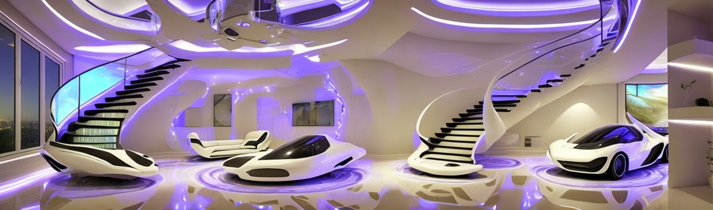 White Curvilinear Designs, Purple Lighting, Floating Stairs & Sports Cars Displayed