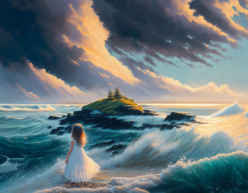 Young girl in white dress gazes at island under dramatic sky