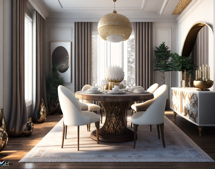 Stylish Dining Room with Round Wooden Table & White Upholstered Chairs