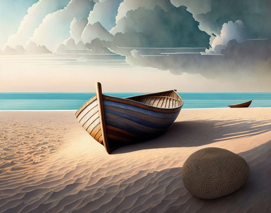 Beach scene with boats, clouds, and woven sphere