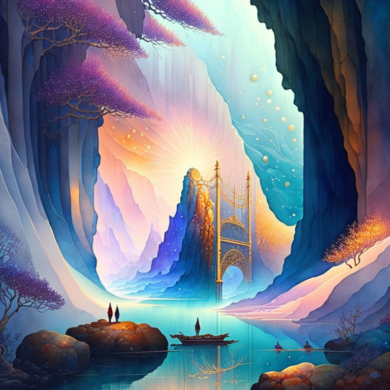 Fantasy landscape with radiant sunset, cave entrance, bridge, figures, and tranquil river.