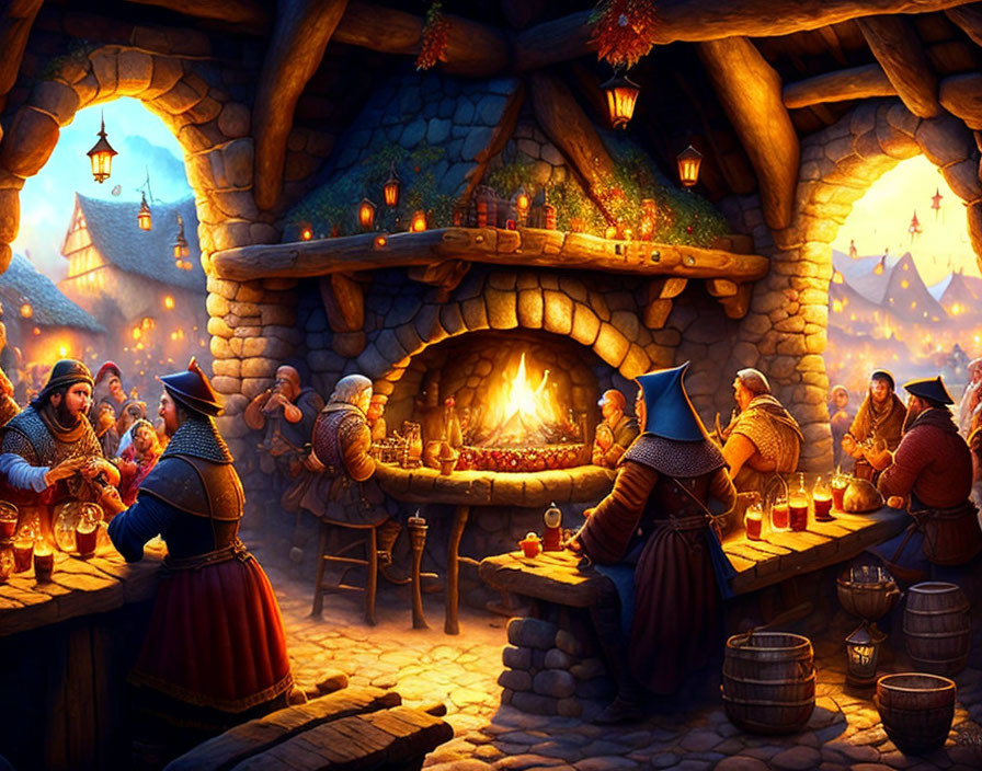 Medieval tavern scene with joyful characters and festive ambiance