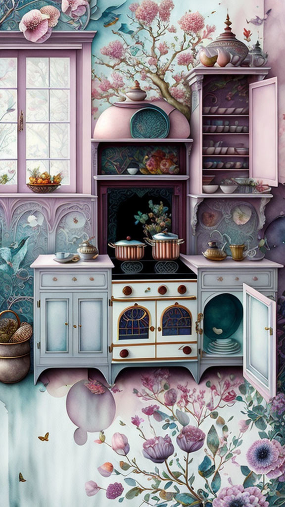 Vintage Kitchen Scene with Pastel Cupboards & Floral Decor