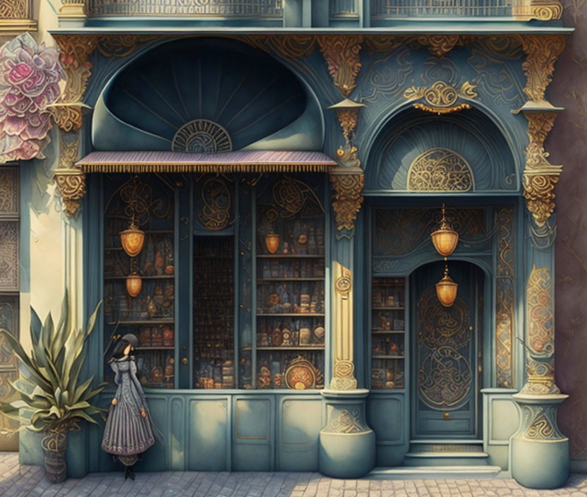 Vintage-dressed woman admiring ornate bookstore facade with gold accents and pink flower