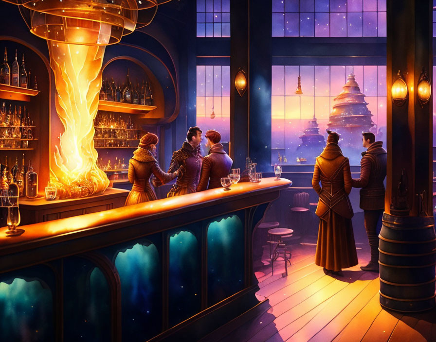 Patrons at magical bar with fiery centerpiece and mystical blue hues