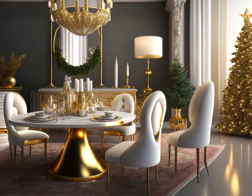 Christmas-themed elegant dining room with golden chandelier, white chairs, table setting, and illuminated tree