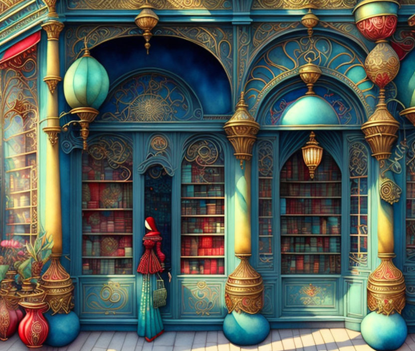 Person in Red Cloak Standing Before Ornate Blue Library