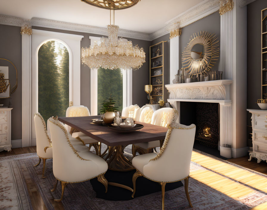 Classic Wooden Table and White Upholstered Chairs in Elegant Dining Room