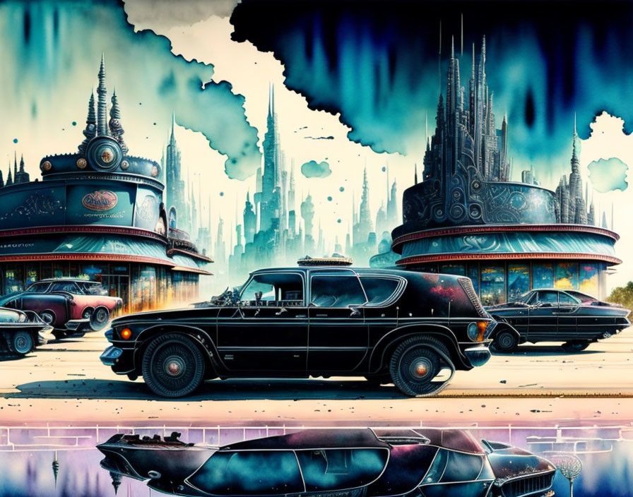 Retro-futuristic cityscape with classic cars, sleek boats, and ornate spires under