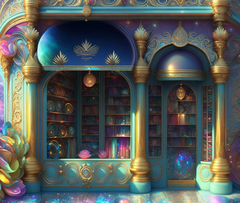 Luxurious Interior with Golden-Blue Arches and Magical Library